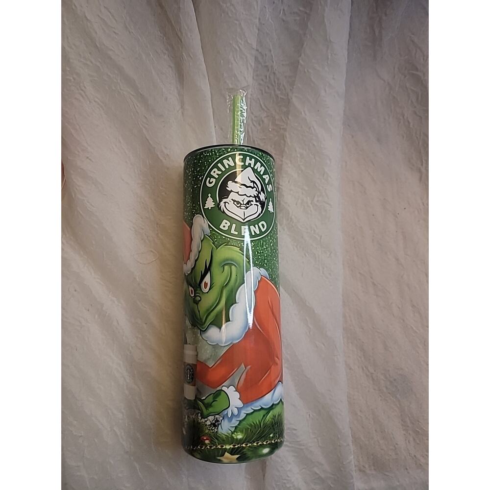 Grinchmas Blend Tall Tumbler w Straw and Lid Christmas Coffee Water Gift Seuss
